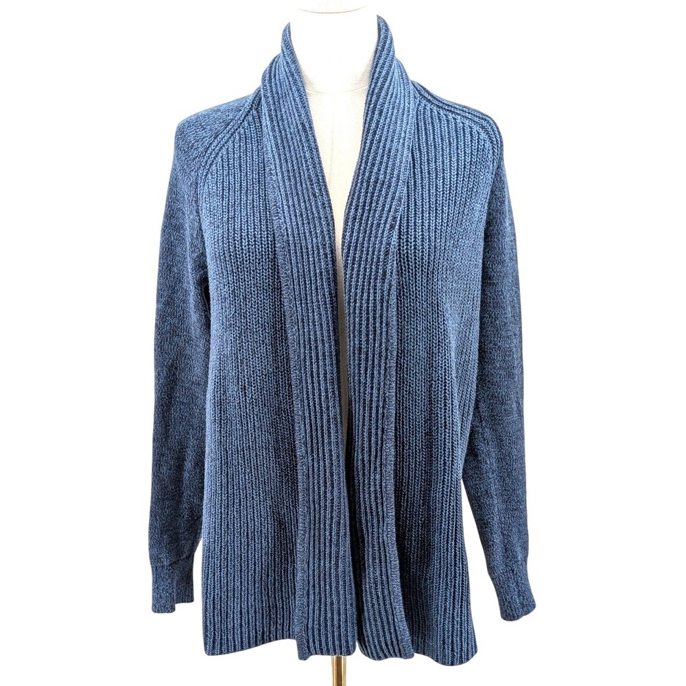 LL Bean Cotton Cardigan Sweater Blue Shawl Collar Open Front Ribbed Women's M